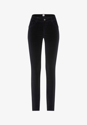 Schwarze Samt-Skinny-Hosen mit Taschen, eng anliegendem Design, glatter Textur und einem Knopfverschluss an der Taille.