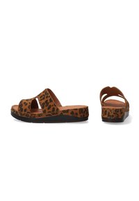 Sandaler med leopardprint og overdel i ruskind. Åben tå-design, udskårne sider og en tekstureret indersål. Sort gummisål for godt fodfæste.