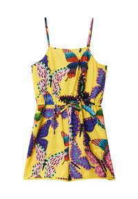 Gelbes ärmelloses Kleid mit einem lebhaften Schmetterlings- und Blattmuster in Lila, Grün und Blau; Taillierung mit verstellbarem Band.
