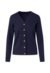 Cardigan blu navy in tessuto morbido, con scollo a V, maniche lunghe e sei bottoni dorati frontalmente, con polsini e orlo a coste.