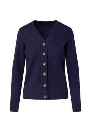 Navyblauer Cardigan aus weichem Stoff, mit V-Ausschnitt, langen Ärmeln und sechs goldfarbenen Knöpfen auf der Vorderseite, mit gerippten Bündchen und Saum.