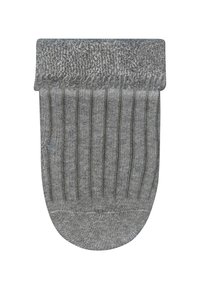 Gray ribbed knit sock with a textured, folded top. Smooth finish, rounded toe, and soft material for comfort.