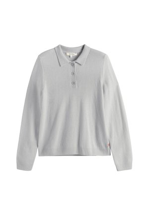 Light gray long-sleeve polo sweater in soft knit material, featuring a collar, three-button placket, and ribbed hem with a small orange accent.