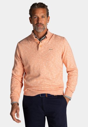 Middelbare man met grijze baard, gekleed in een perzikkleurige trui met knopen over een grijs shirt en donkerblauwe broek, staand met één hand in de zak.