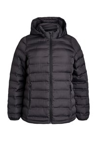 Must sulejope kapuutsiga, varustatud tõmbluku ja küljetaskutega. Baffle-disain sileda, mati tekstuuriga.