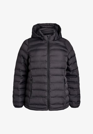 Črno puhasto jakno s kapuco, z zadrgo in stranskimi žepi. Oblikovanje z delilniki in gladko, mat teksturo.