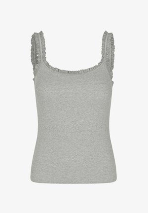 Grijze geribde tanktop met delicate ruffles op de schouderbanden en een aansluitende pasvorm. Glad textuur, lichtgewicht stof die geschikt is voor lagen of casual gebruik.