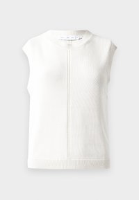 Top alb fără mâneci, din tricot, cu decolteu rotund, tiv răsucit și material texturat. Prezintă un detaliu cu cusătură centrală care se extinde vertical.