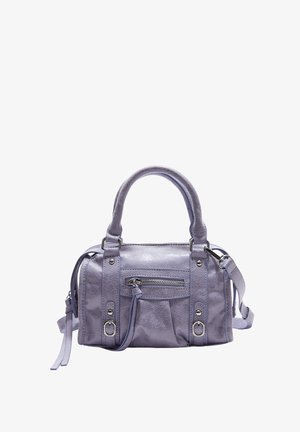 Lilla læder håndtaske med dobbelte håndtag, frontlynlås lomme, spænde detaljer og justerbar skulderrem.