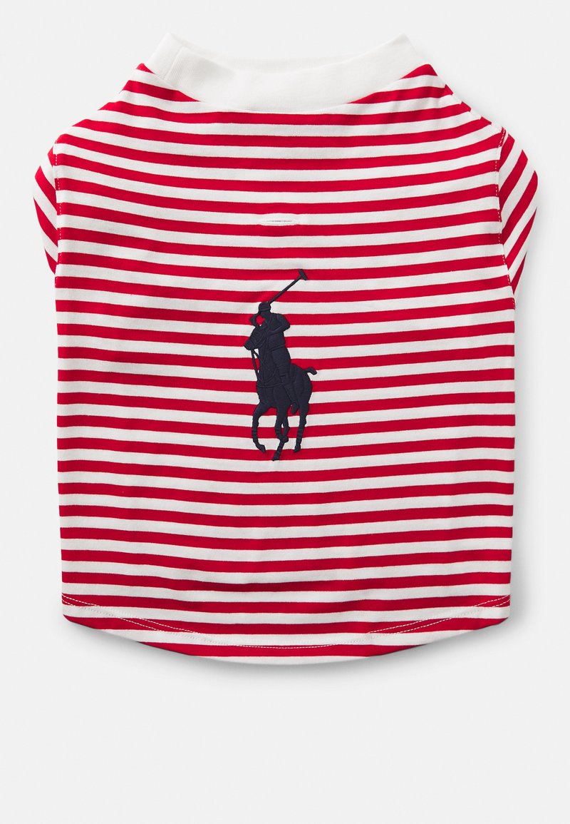 Sarkana un balta svītru polo krekls ar baltu apkakli. Izceltā melnā polo spēlētāja uz zirgā izšuvums. Kokvilnas materiāls.