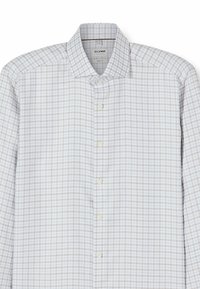 Hellblau kariertes Hemd aus Baumwolle mit Button-Down-Kragen, langen Ärmeln und dezenten beigen Akzenten im Muster.