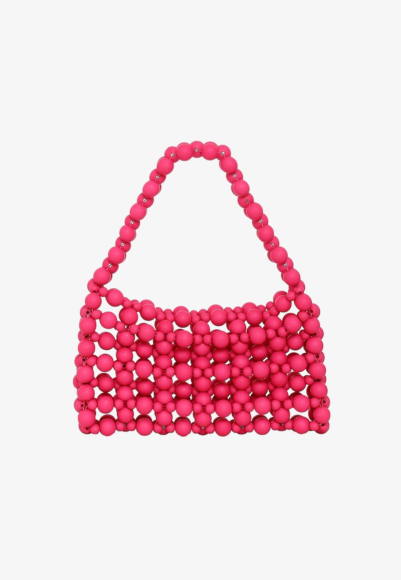 Różowa torebka z koralików o strukturalnym designie, z okrągłymi koralikami, wzmocnionym paskiem i teksturowaną powierzchnią. Idealna do codziennego użytku.