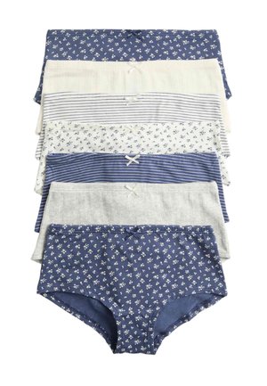 Siete pares de ropa interior de algodón para mujer en azul, blanco y gris con estampados florales y a rayas, cada uno con un pequeño lazo en la cintura.
