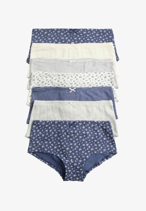 Sette paia di biancheria intima da donna in cotone blu, bianco e grigio con motivi floreali e a righe, ciascuna con un piccolo fiocco in vita.