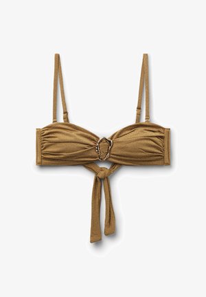 Top bikini marrone dalla texture, con sottili spalline regolabili, una parte anteriore arricciata con un anello effetto tartaruga e un nodo annodato che pende sotto.