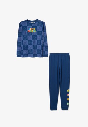 Navy katoenen pyjamabovenstuk met lange mouwen met een Super Mario graphic en verschillende iconen op een patroon achtergrond; bijpassende aansluitende broek met grafische accenten.