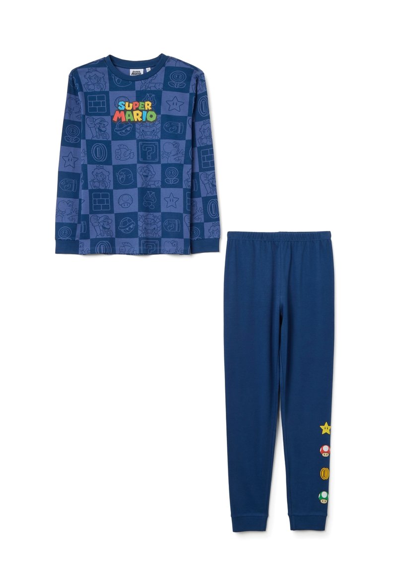 Camiseta de pijama de algodón de manga larga en color navy con gráfico de Super Mario y varios iconos sobre un fondo estampado; pantalones ajustados a juego con acentos gráficos.