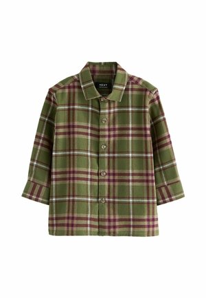 Koszula na guziki w zielono-fioletową kratę, z długimi rękawami i kołnierzykiem, rozłożona płasko na białym tle.