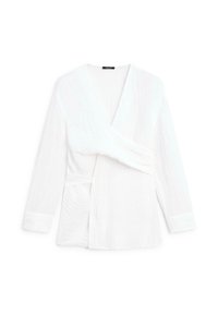 Weiße Wickelbluse mit langen Ärmeln aus strukturiertem Stoff, tiefem V-Ausschnitt und seitlicher Bindung.