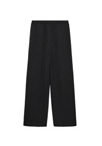 Black wide-leg pants made from textured fabric, featuring an elastic waistband and no visible fastenings or pockets.