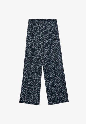 Marineblaue Hosen mit weitem Bein, kleinem rosafarbenem und weißem Blumenmuster und elastischem Bund.
