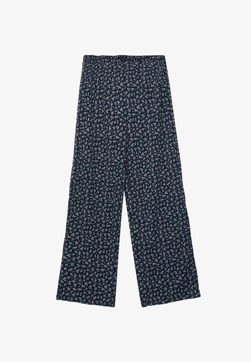 Marineblaue Hosen mit weitem Bein, kleinem rosafarbenem und weißem Blumenmuster und elastischem Bund.