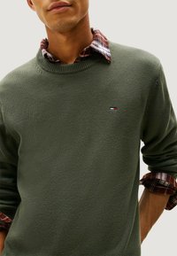 Maglione verde oliva a maglia con scollo rotondo, caratterizzato da un piccolo logo. Sotto è indossata una camicia marrone a quadri con maniche arrotolate.