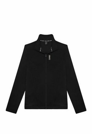 Schwarze Zip-Jacke mit Stehkragen, aus glattem Material. Verfügt über Seitenpaneele und ein kleines Logo auf der linken Brust.