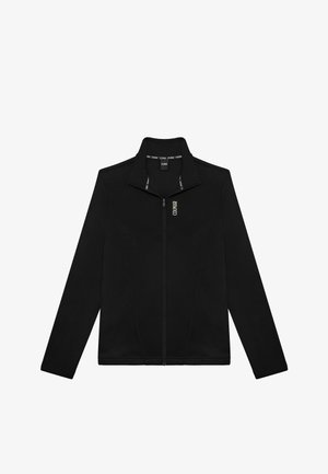 Črna zip-up jakna s stoječim ovratnikom, izdelana iz gladkega materiala. Ima stranske panoge in majhno logo na levem prsnem delu.