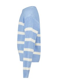 Light blue knitted sweater with white horizontal stripes shown from the side against a white background.