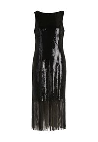 Czarna sukienka z cekinami o dopasowanym kroju, dekolcie w serek i prostym dołem. Posiada frędzle na dole, które dodają tekstury.