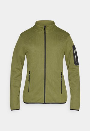 Jachetă verde măsliniu texturată, cu guler înalt, fermoar frontal și trei buzunare cu fermoar; are accente negre pe mâneci.