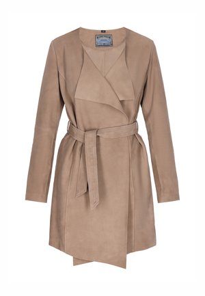 Beige suede long coat with an open front, wrap-around belt, and long sleeves. Smooth texture and asymmetrical hem details.