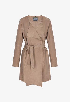 Beige suede long coat with an open front, wrap-around belt, and long sleeves. Smooth texture and asymmetrical hem details.