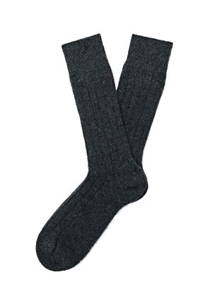 Chaussettes gris charbon avec une texture côtelée, longueur moyenne, et talon et bout renforcés pour la durabilité. Matière douce pour le confort.