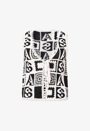 Haken top met zwart-witte vierkantpatronen, V-hals ontwerp, striksluiting aan de voorkant en geschulpte randen voor extra details.