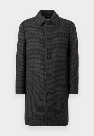 Mørk grå houndstooth-mønstret frakke med spids krave og fem sorte knapper foran, lange ærmer og lige snit.