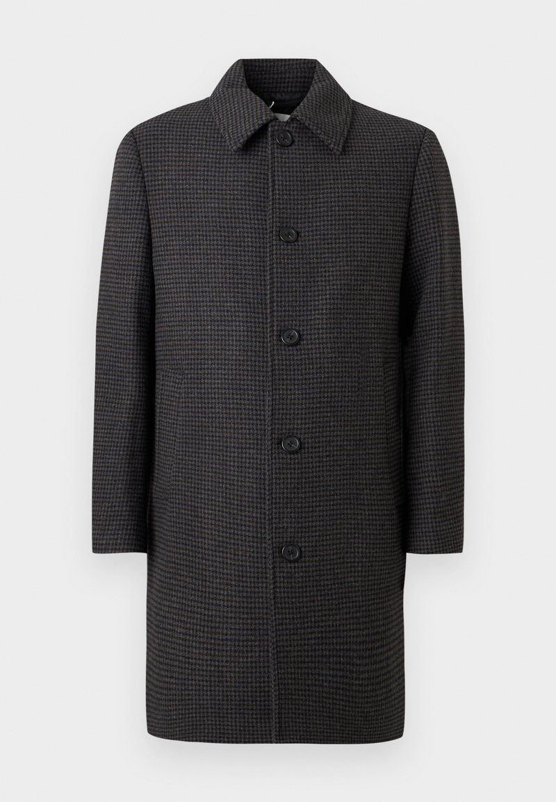 Manteau à motif pied-de-poule gris foncé avec un col pointu et cinq boutons noirs sur le devant, manches longues et coupe droite.