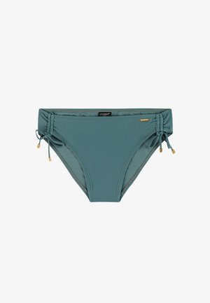 Turkoois bikinibroekje met geplooide zijkanten en strikjes met kleine gouden vierkante bedels aan elk uiteinde.