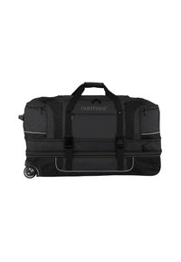 Große faltbare Reisetasche aus schwarzem Polyester mit zwei Griffen, mehreren Reißverschlusstaschen und einem verstärkten Boden mit Rollen für Mobilität.