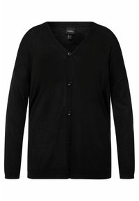 Schwarze Strickjacke mit V-Ausschnitt, langen Ärmeln und vorderen Knöpfen. Aus leichtem Material mit glatter Textur und lockerer Passform.