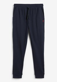 Pantaloni de trening bleumarin cu talie elastică, șnur reglabil, buzunare laterale și mansete cu rips. Prezintă un mic detaliu cu logo roșu.