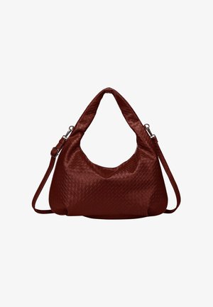 Dark brown leather shoulder bag with woven texture, wide strap, and detachable adjustable crossbody strap.