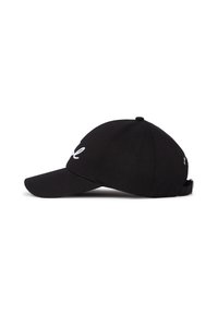 Black baseball cap with a curved brim, made of textured fabric, featuring white embroidered lettering on the front and an adjustable strap at the back.
