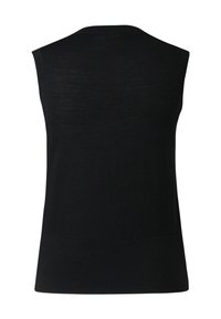 Schwarzes ärmelloses Oberteil aus weichem Stoff, mit einem gerippten Saum und einer glatten Textur. Einfaches Design ohne zusätzliche Muster oder Akzente.