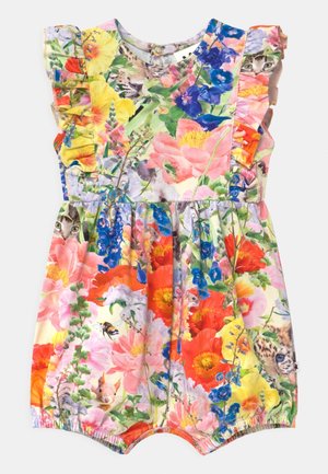 Blumiger Babystrampler mit Rüschensleeves, verziert mit bunten Blumen, versteckten Tieren wie Katzen, einem Eichhörnchen, einer Biene und einem Leopardenkopf.