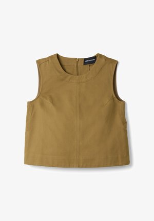 Top corto sin mangas en color verde olivo con cuello redondo, detalles sutiles de costuras y cierre de cremallera en la espalda, etiquetado "Les Copains."