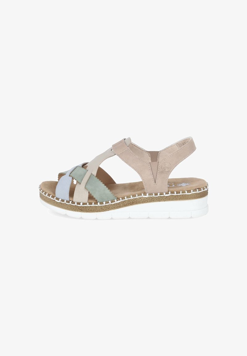 Beige wedge sandal with pastel blue and green cross straps, white stitched sole, and adjustable ankle strap.