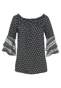 Schwarze Off-Shoulder-Bluse mit weißen Blumenmustern, weit ausgestellten Ärmeln mit dekorativen Streifen, leichtem Stoff und lockerer Passform.