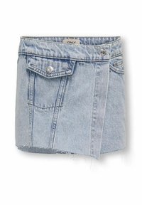 Gonna in denim blu chiaro con orlo grezzo, tasche frontali e chiusura con un singolo bottone. Presenta cuciture classiche e un bordo lievemente sfrangiato.